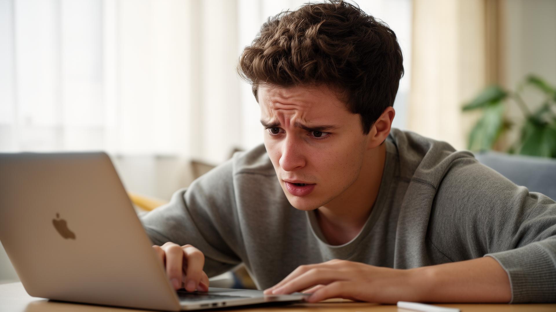 Frustrated young man at his laptop in a bright apartment