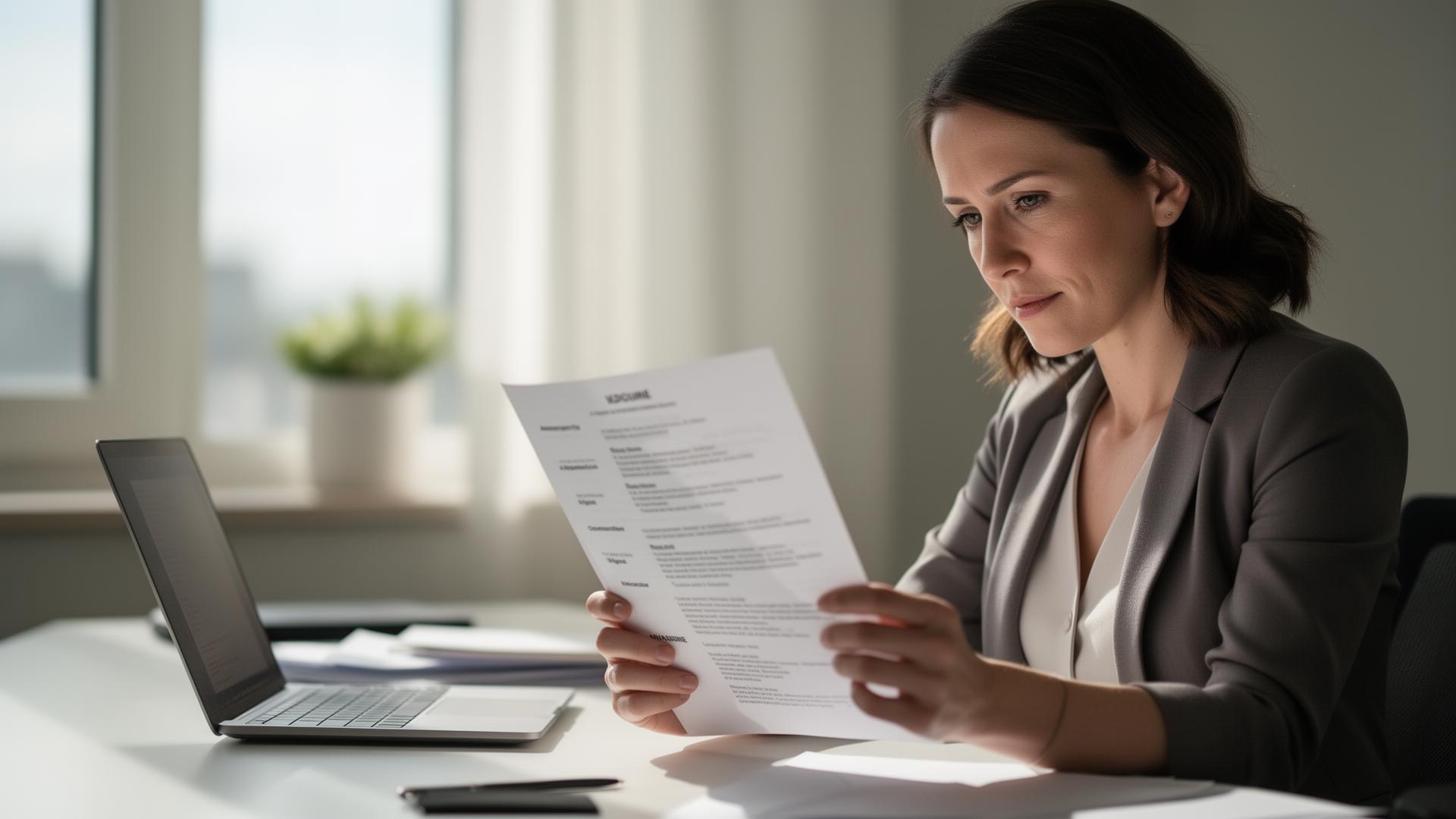 Professional reviewing a printed resume at a sunlit desk