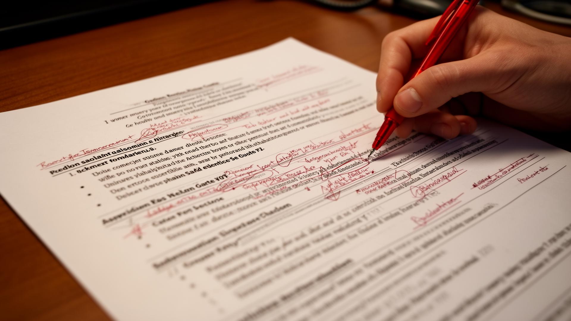 Hand marking corrections on a printed resume with a red pen